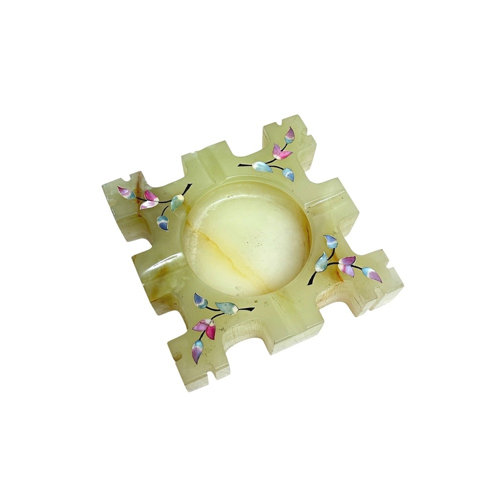 Vintage Onyx Ashtray Mother of Pearl Inlay Puzzle Piece Castle Design Decor